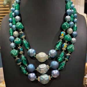 Japan Signed Green and Blue Beaded Necklace. Art Glass and AB